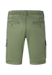 Olivgrüne Cargo-Shorts aus strukturiertem Stoff, mit umgeschlagenem Saum und zwei Hintertaschen. Verfügt über seitliche Cargo-Taschen für zusätzlichen Stauraum.