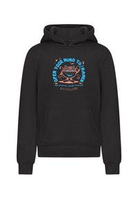 Felpa nera con cappuccio caratterizzata da una grafica frontale con testo blu e rosa e un design di ciotola di ramen. Include una tasca a marsupio e polsini a costine.