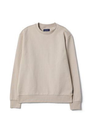Sudadera beige de manga larga con cuello redondo, puños y dobladillo acanalados, mostrada extendida sin patrones ni diseños adicionales.