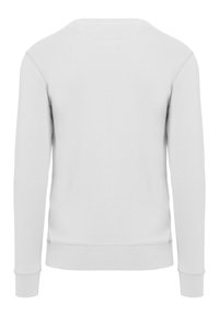 Ljusgrå sweatshirt med långa ärmar, ribbade mudd och fåll, rundad halsringning, och slät tygkänsla. Inga synliga mönster eller detaljer.