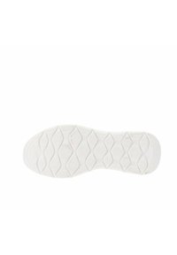 Suela de zapatilla blanca con una superficie texturizada, que presenta patrones ovalados y circulares para mayor agarre. Bordes redondeados y acabado suave en toda su superficie.