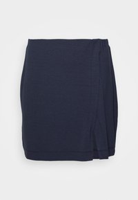 La skirt sininen, kevyt mekkohame, jossa on kietaisumalli. Sisältää sivuaukkoja ja pehmeää tekstuuria, joka päättyy juuri polven ylle.