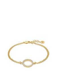 Guld kedja armband med en rund berlock, prydd med små klara stenar, som har ett säkert lås och justerbar längd.