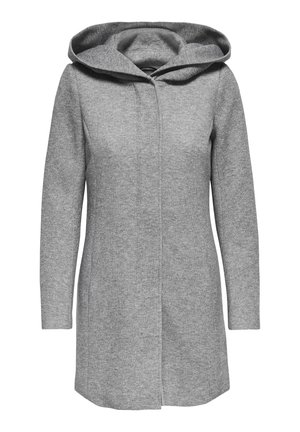 Manteau gris à capuche en tissu texturé, doté de manches longues et d'une coupe droite avec une fermeture à l'avant et sans fermetures visibles.