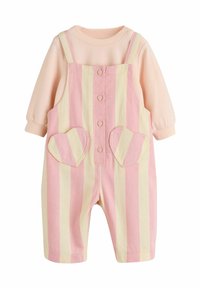 Pink and yellow striped overalls with a peach long-sleeve top. Features heart-shaped pockets and front button closure. Cotton material.