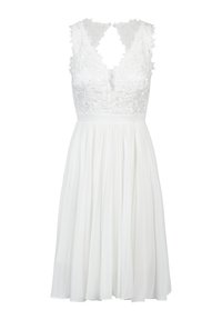 Weißes Kleid mit einem Spitzenoberteil mit floralem Muster, tiefem Ausschnitt und plissiertem Rock. Elegantes Design mit taillierter Silhouette.