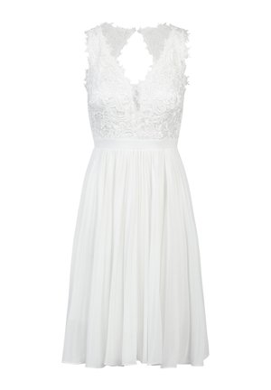 White dress featuring a lace bodice with floral patterns, plunging neckline, and a pleated skirt. Elegant design with a fitted waistline.