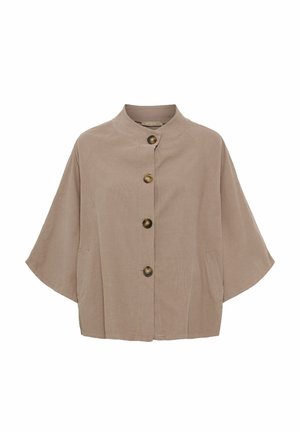 Beige kortærmet jakke med mandarinkrave, fire brune knapper foran og to sidelommer.