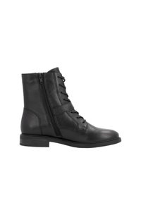 Schwarze Lederknöchelstiefel mit schnürbarem Vorderteil, seitlichem Reißverschluss und flacher Sohle. Verfügt über eine glatte Textur und ein minimalistisches Design.