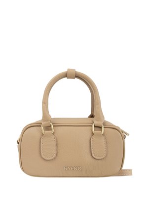 Beżowa skórzana torebka z dwoma górnymi uchwytami, złotymi akcentami i zamkiem błyskawicznym. Teksturowana powierzchnia z wytłoczonym logo na przodzie.