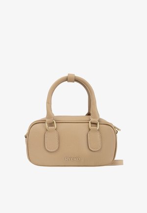 Beżowa skórzana torebka z dwoma górnymi uchwytami, złotymi akcentami i zamkiem błyskawicznym. Teksturowana powierzchnia z wytłoczonym logo na przodzie.