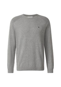 Grauer gestrickter Pullover mit gerippten Bündchen und Rundhalsausschnitt. Verfügt über ein dezentes Logo auf der linken Brust, gestaltet mit einer glatten Textur.