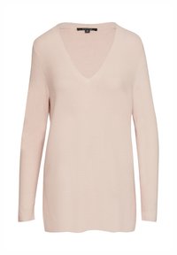 Light pink long-sleeve sweater with a V-neck, featuring a ribbed texture and a relaxed fit. Made from a soft, lightweight material.