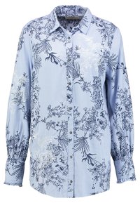 Vaaleansininen nappipaita, jossa on pitkät hihat ja tummansiniset sekä valkoiset kukkakuviot, valmistettu sileästä kankaasta.