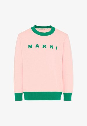 Pull en maille rose avec col et poignets côtelés verts, "MARNI" brodé en vert sur le devant. Texture douce, coupe décontractée.
