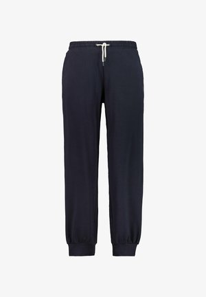 Navy blue jogger pants with elastic waistband and white drawstring, elastic cuffs at ankles, made of soft fabric.