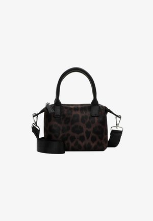 Small leopard-print handbag in black and brown, featuring a textured fabric, dual top handles, and a detachable shoulder strap.