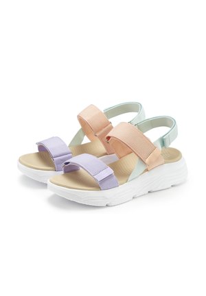 Paar Damensandalen mit pastellfarbenen verstellbaren Riemen in Pfirsich, Lavendel und Minze auf weißen gepolsterten Sohlen.