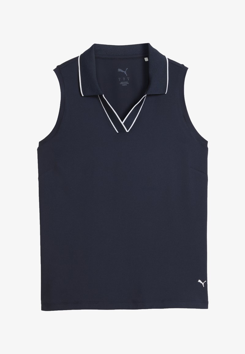 Sleeveless navy blue polo shirt with white trim on collar and V-neck, featuring a small white Puma logo near the bottom hem.