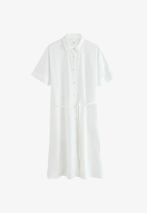 Balta midi suknelė su trumpomis rankovėmis, mygtukais, apykakle ir reguliuojamu juosmens diržu, pagaminta iš lengvos medžiagos.