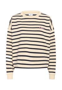 Gestreiftes Sweatshirt mit langen Ärmeln in Hellbeige und Marineblau. Bietet einen Rundhalsausschnitt, eine lockere Passform und ein kleines rosa besticktes Logo auf der Brust.