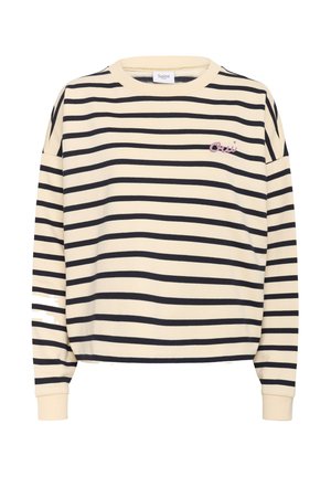 Triibuline pikakäisega dressipluus heledas beežis ja tumesinisena. Omadusena ümmargune krae, lõdva lõikega ja väike roosa tikitud logo rinnal.