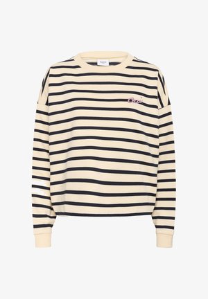 Triibuline pikakäisega dressipluus heledas beežis ja tumesinisena. Omadusena ümmargune krae, lõdva lõikega ja väike roosa tikitud logo rinnal.