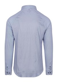 Lange mouwen shirt van lichtblauwe stof met een geometrisch patroon, puntkraag en contrasterende zwarte knopen op de manchetten en de knopenrij.