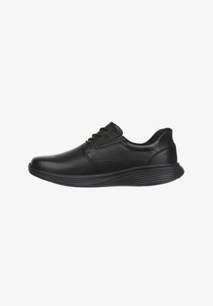 Black leather lace-up shoes with a smooth finish, rounded toe, and textured midsole. Lightweight design with minimal detailing.
