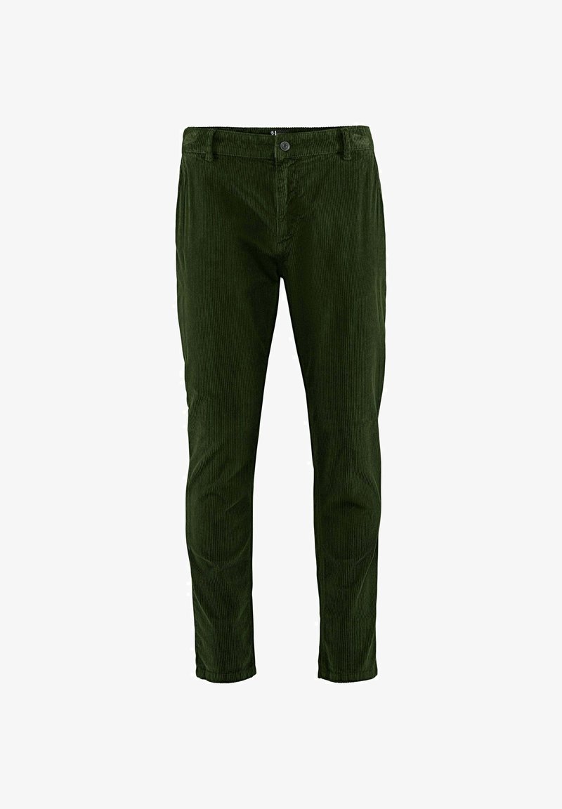 Groene corduroybroek met een gestructureerd, ribbelpatroon, taps toelopende pijpen en een enkele knoopsluiting in de taille.