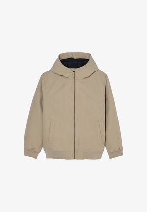 Veste beige à capuche avec fermeture éclair, manches longues, deux poches avant, poignets côtelés et petit logo rond sur la poitrine.