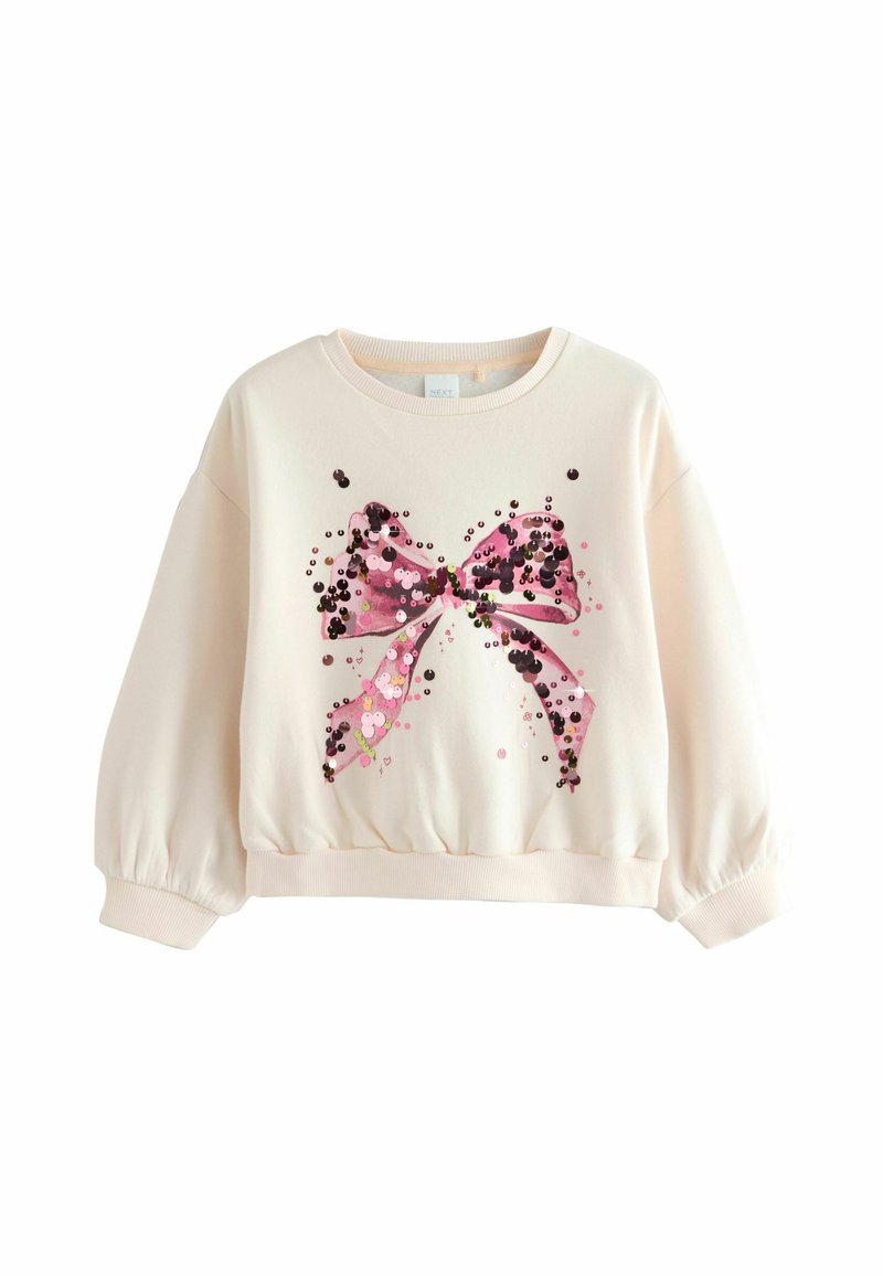 Crewneck sweatshirt i lyserød stof prydet med et stort palietbue-design i nuancer af rosa og sort, med pufærmer.