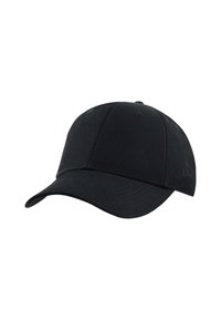 Cappello nero in tessuto, con visiera curva, design a sei pannelli e fori di ventilazione. Un logo discreto è ricamato sul lato.