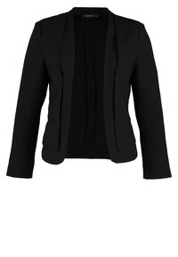 Mustapuku, joka on räätälöity ja jonka kangas on sileä, avonainen etuosa ja kaksi sivutaskua; ei laatikkokaulusta ja pitkät hihat.