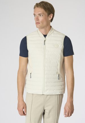 Giovane uomo che indossa un gilet imbottito beige senza maniche sopra una camicia blu scuro a maniche corte, in piedi e guarda a sinistra su uno sfondo semplice.