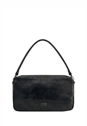 Borsa a tracolla rettangolare in pelle nera con una singola tracolla e ferrature argentate, con il marchio "COVERI active" al centro davanti.