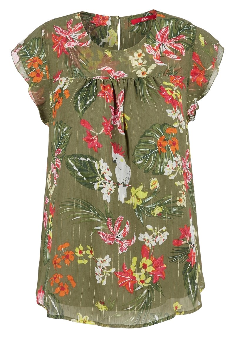 Blouse fleurie vert clair à manches courtes évasées, avec des fleurs roses, blanches, orange et des feuilles tropicales avec un motif de cacatoès blanc.