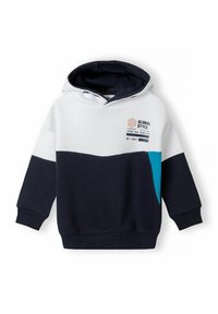 Felpa con cappuccio in navy, bianco e teal. Presenta un design a blocchi di colore, polsini a coste e una stampa grafica sul davanti. Texture morbida.
