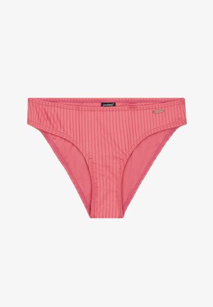 Różowy dół bikini o prążkowanej teksturze, z cienką talią i metką marki. Projekt podkreśla smukły i minimalistyczny kształt.