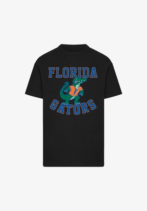 Schwarzes Baumwoll-T-Shirt mit einem bunten Alligator-Graphic und dem Text "FLORIDA GATORS" in Orange und Blau. Klassisches Rundhalsdesign.