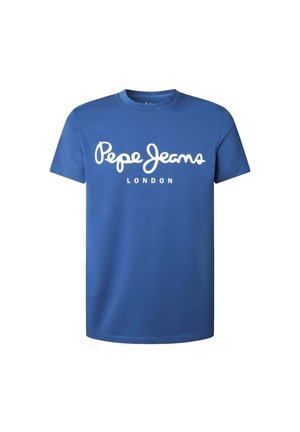 Camiseta de algodón azul con letras en cursiva blancas "Pepe Jeans" y "LONDRES" debajo, cuello redondo, mangas cortas y corte regular.