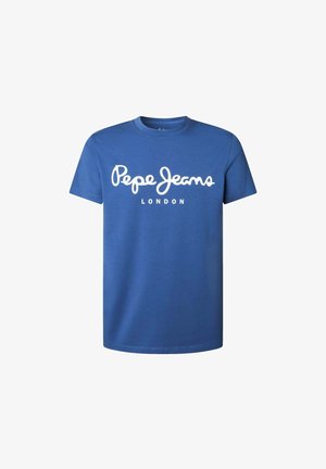 Niebieska bawełniana koszulka z białym, kursywą napisanym "Pepe Jeans" i "LONDYN" poniżej, okrągły dekolt, krótkie rękawy oraz regularny krój.