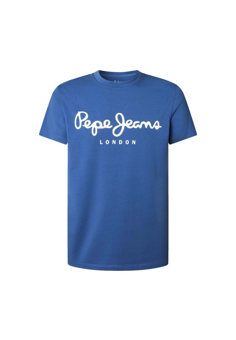 Camiseta de algodón azul con letras en cursiva blancas "Pepe Jeans" y "LONDRES" debajo, cuello redondo, mangas cortas y corte regular.