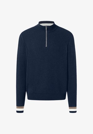 Marineblauwe gebreide trui met halve rits aan de voorkant, geribde kraag, manchetten met beige en witte strepen, en lange mouwen.