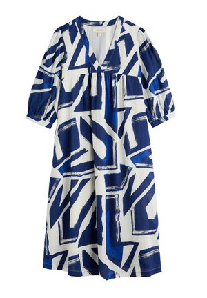 Cotton dress featuring a deep V-neck, three-quarter puff sleeves, and an abstract blue and white geometric pattern with a tiered design.