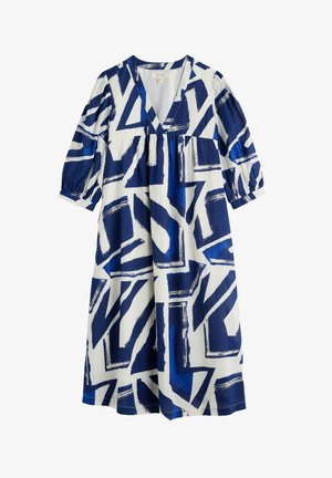 Bawełniana sukienka z głębokim dekoltem w literę V, rękawami o długości trzy czwarte z bufkami oraz abstrakcyjnym niebiesko-białym wzorem geometrycznym i warstwowym fasonem.