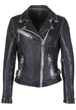 Sort læder bikerjakke med asymmetrisk frontlynlås, tre lynlåslommer og knapdetaljer på kraven.