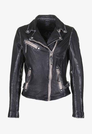 Zwarte leren motorjack met asymmetrische ritssluiting aan de voorkant, drie met ritssluiting afsluitbare zakken en kraagdetails met drukknoop.