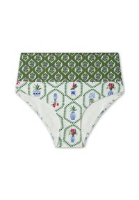 Bañador tipo braguita con estampado floral, con un diseño de hojas verdes en la parte superior, que presenta varios jarrones y flores sobre un fondo blanco.