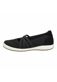 Scarpa slip-on nera in rete con accenti in suede, dotata di lacci incrociati elasticizzati, punta rotonda e suola in gomma bianca. Design della superficie testurizzato.
